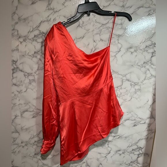 Cinq à Sept Stace Asymmetric Neck One Shoulder Silk Top Neon Coral - Picture 7 of 12
